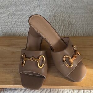 Stylish Tan Mules with Gold Detailing